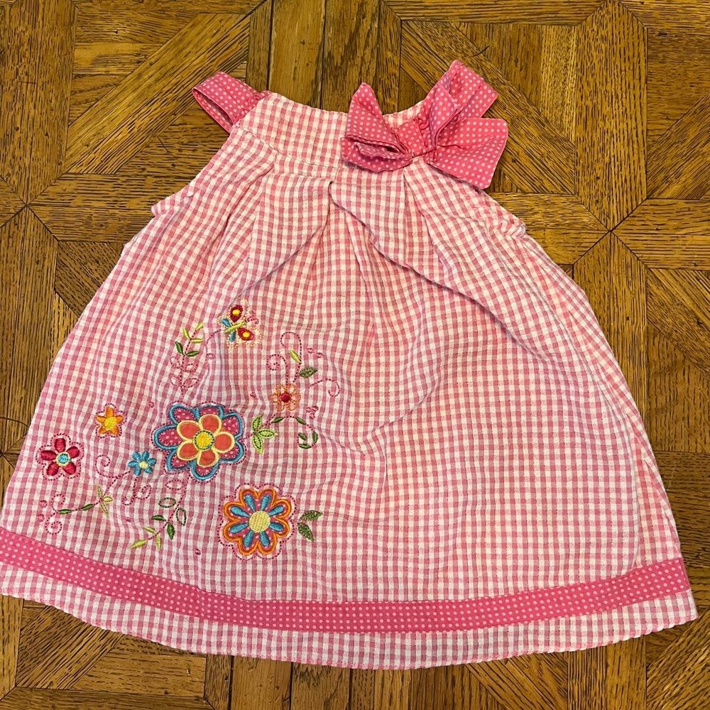 Pink Gingham Dress with Floral Embroidery